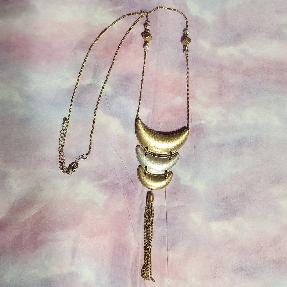 Gold and Silver Colored Crescent Tassle Necklace